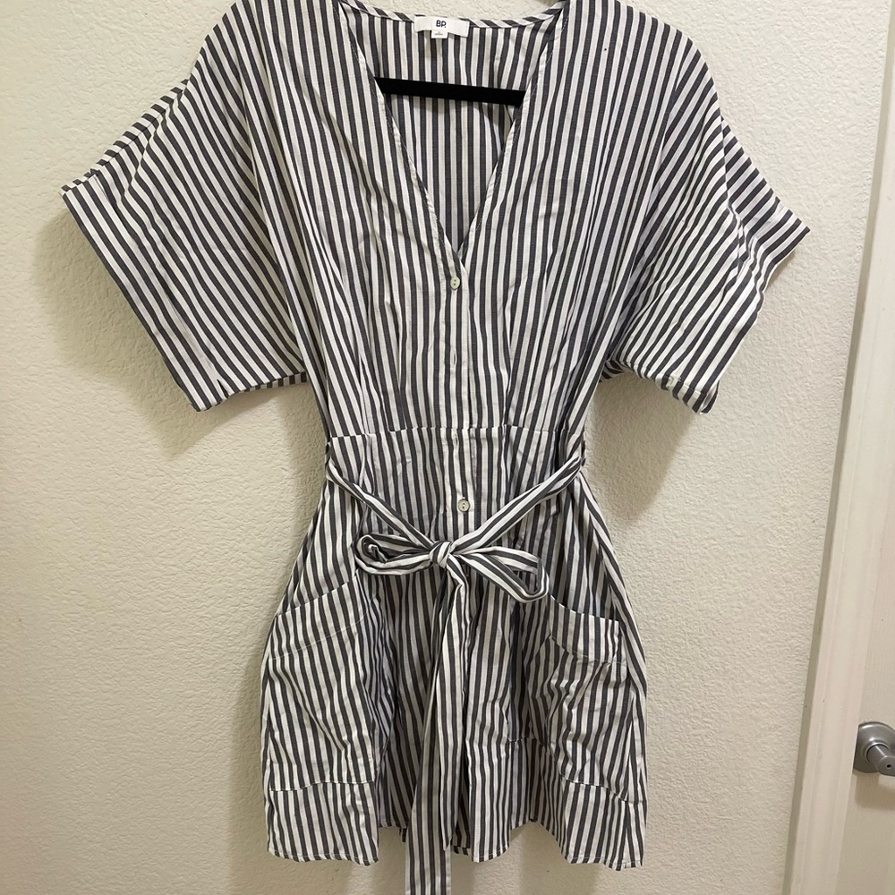 BP striped button down dress | size: small ; color: blue + white